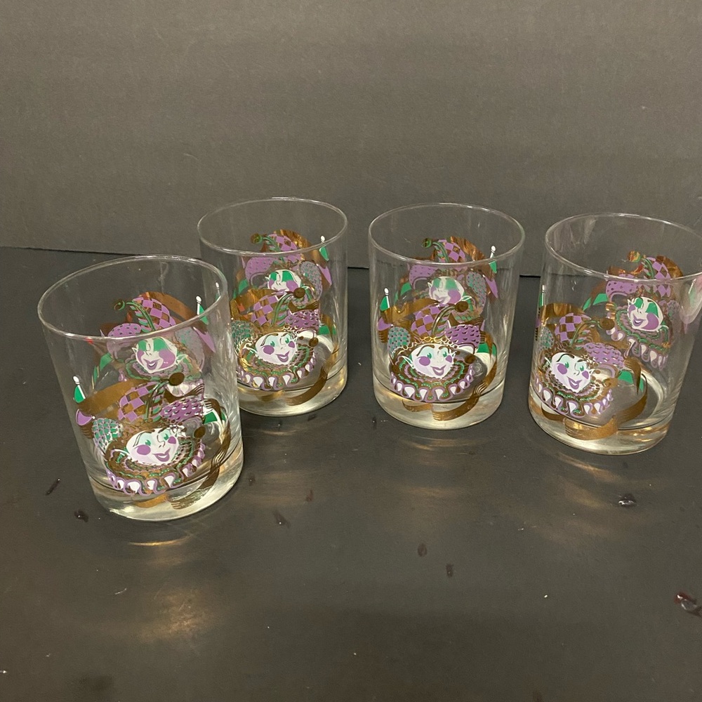 Vintage Mid-Century Mardi-Gras Clown Rocks Glasses - Set of 4 Culver